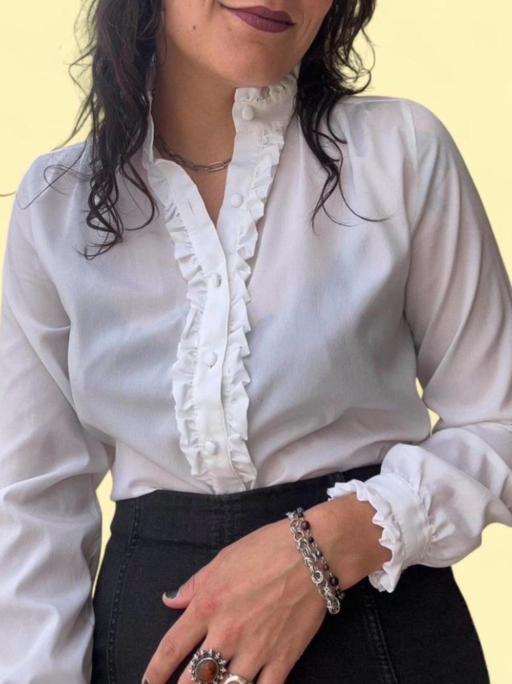 Women's White Ruffled Button-Front Blouse - Picture 2 of 8